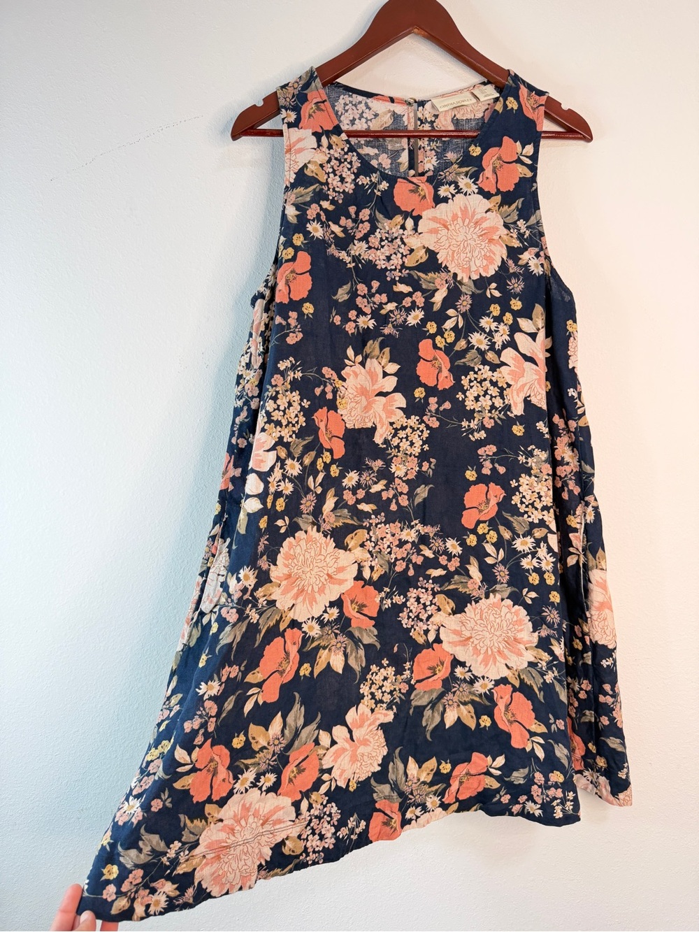 Cynthia Rowley Boho Floral 100% Linen Mini Dress Navy Blue Pink Fairy Cottage L